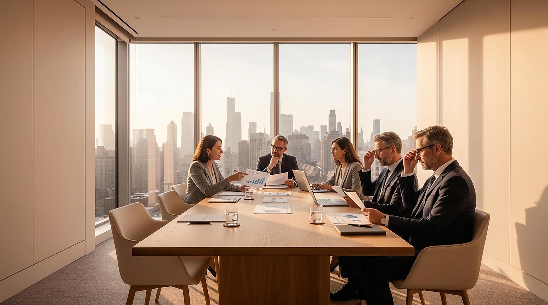 Illustrative board meeting overlooking the city